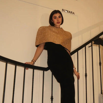 Women Elegant Gold Sparkle Capelet Top Shiny Tweed Shoulder Wrap Turtleneck Short Cloak New Lady Evening Club Party Tops 2026