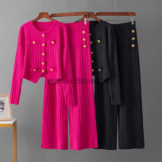 Spring Pink Women's 2 Piece Outfits Long Sleeve Knit Buttons Sweater Top Wide Leg Pants Lounge Sets Tracksuits Casual 2pcs Sets