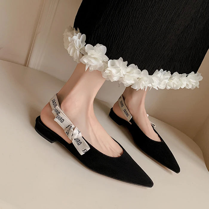 New Summer Low Block Heel Suede Pointed Toe Low-Cut Flats with Letter Back Strap Closed-Toe Sandals