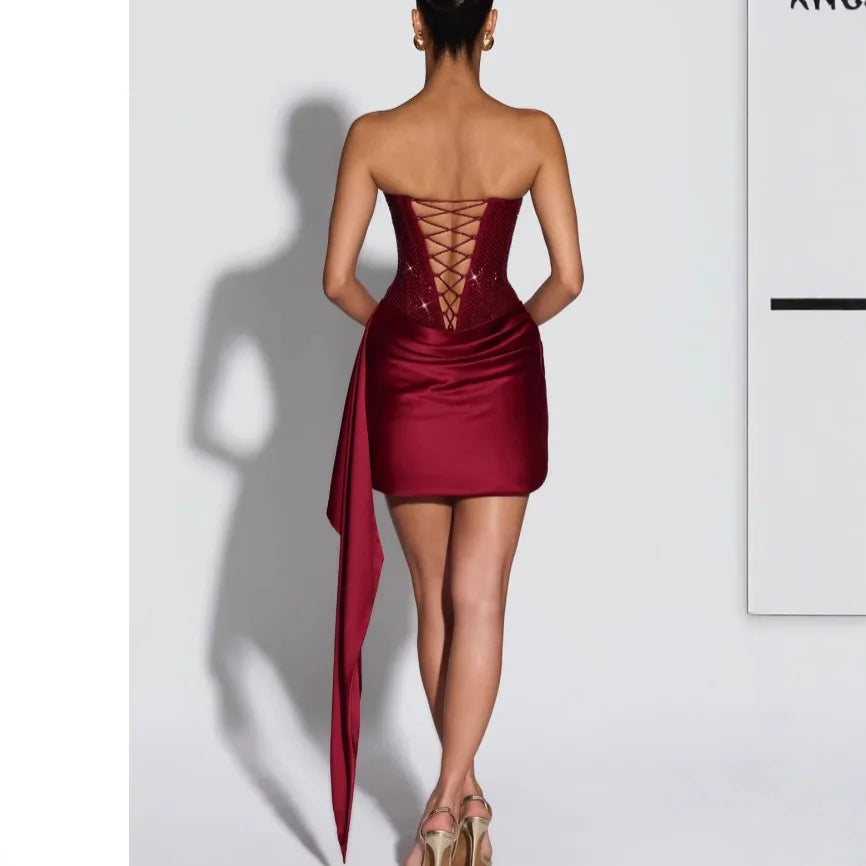 Suninheart Luxury Elegant Strapless Dress Corset Vestidos Sexy Red Satin Draped Dress Mini Women Wedding Cocktail Party Dresses
