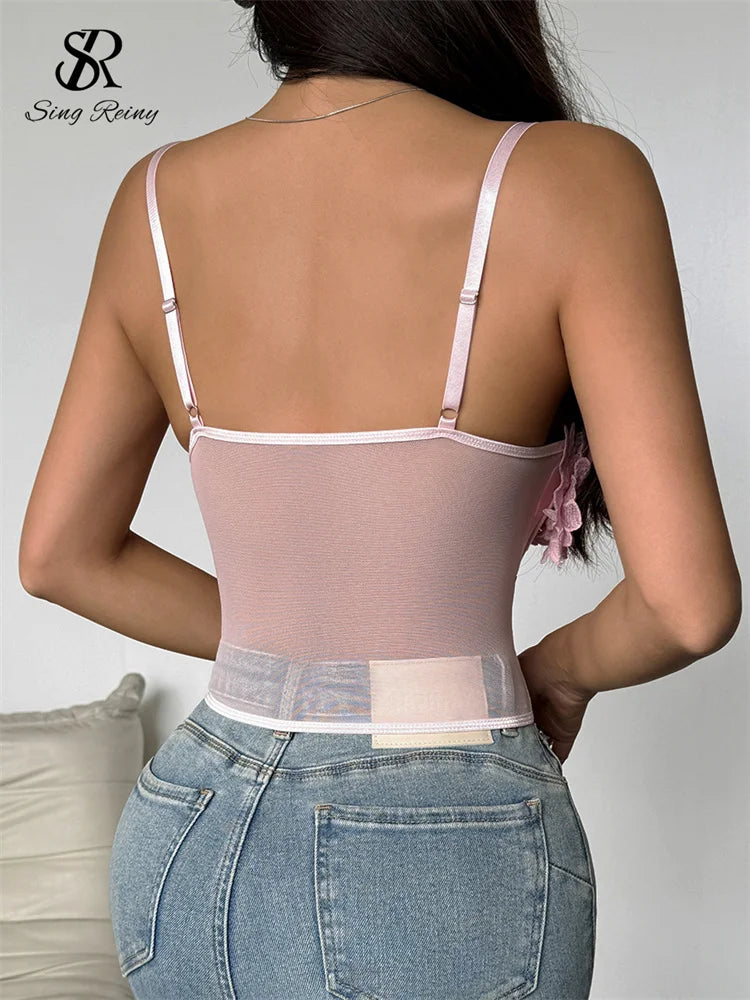 SINGREINY Sheer Gauze 3D Flowers Corset Women Pink Sexy Straps Slim Tops Fashion Streetwear Ladies Short French Chic Sweet Camis