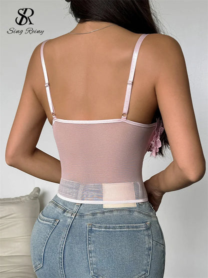 SINGREINY Sheer Gauze 3D Flowers Corset Women Pink Sexy Straps Slim Tops Fashion Streetwear Ladies Short French Chic Sweet Camis
