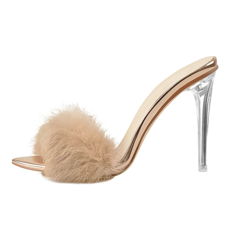 Onlymaker Women Peep Toe Mules Artificial Fur Slip On Gold White Thin High Sandals Big Size High Quality Summer Brand Heels