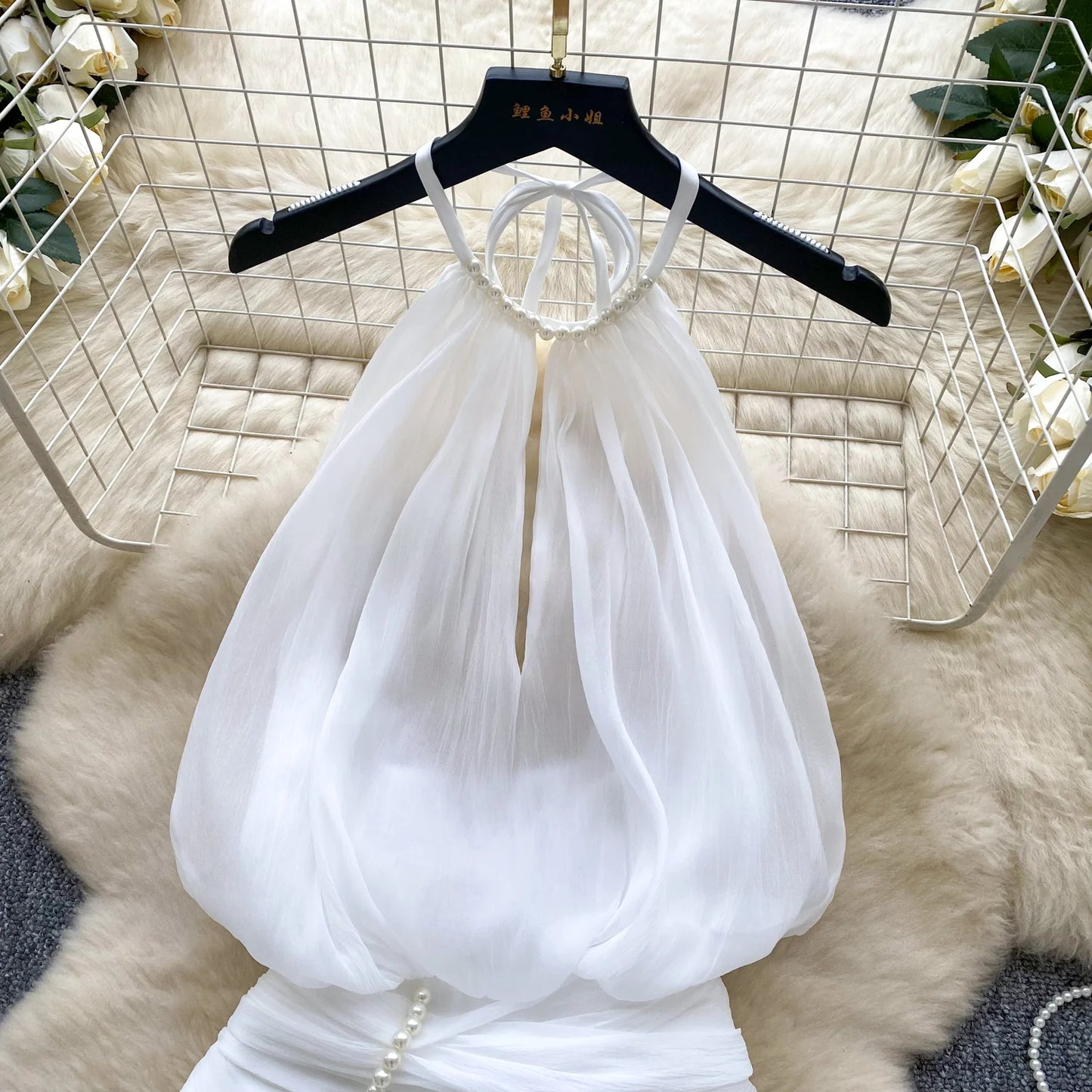 SINGREINY Strap Chiffon Mini Dress Female Pearl Halter Sleeveless Backless Sexy Design Fairycore Vacation Summer Ruffles Dress