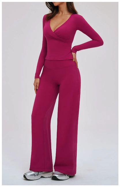 2PCS Gym Tracksuits Yoga Set Female Fitness Suit Deep V Yoga Bra Athletic Wear Women High Waist Workout Flared pants Sports Suit