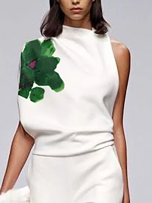 UOOZEE 2025 New Summer Women's 2 Piece Sets Fashion Floral Printed High Neck One-shoulder Tops & High Waisted Straight Leg Pants
