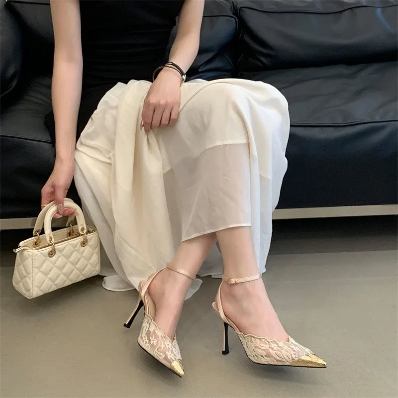 Eilyken New Design Breathable Mesh Thin High Heels Woman Pumps Elegant Pointed Toe Buckle Strap Party Prom Mule Shoes