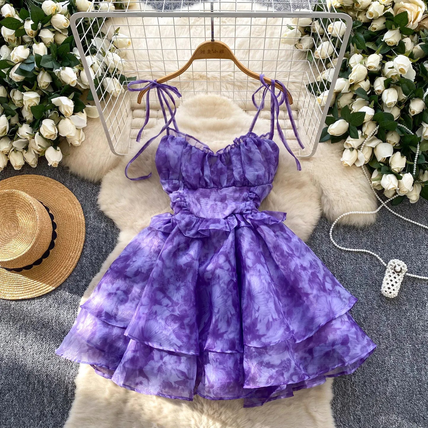 SINGREINY Holiday Print Flowy Birthday Dress Women Strap Butterfly Vacation Cake Sundress Organza Luxury Party Short Dress