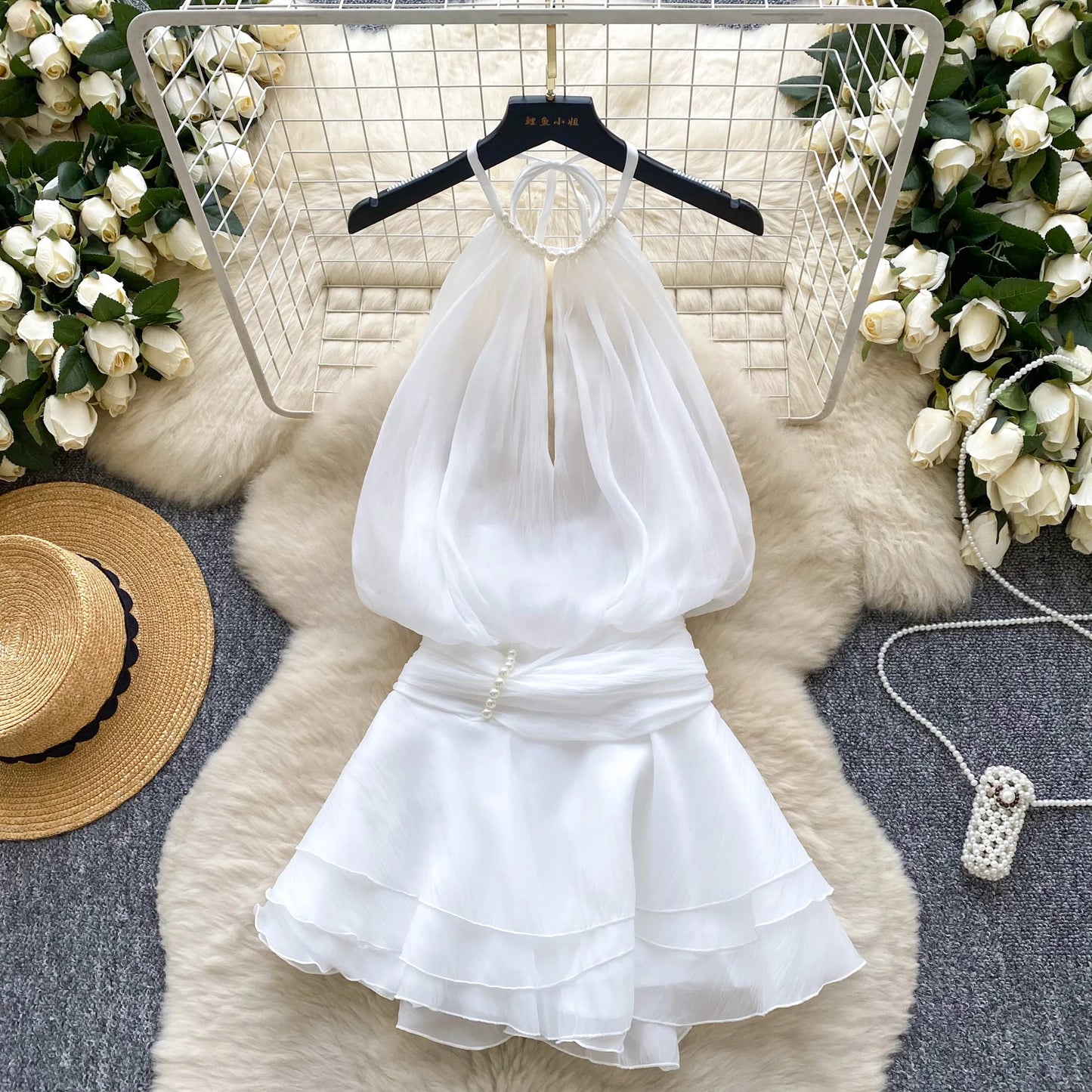 SINGREINY Strap Chiffon Mini Dress Female Pearl Halter Sleeveless Backless Sexy Design Fairycore Vacation Summer Ruffles Dress