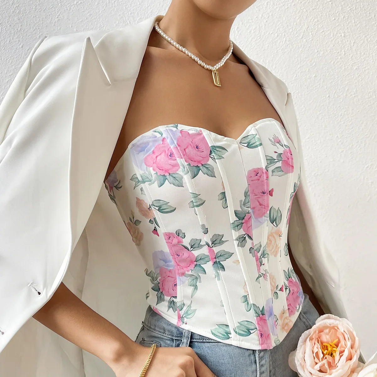 Women Floral Top Sexy Spicy Girl Tank Top Low cut Open Back Flower Wrapped Chest Diamond Fish Bone Strap Waist Vest Tank Top Y2K