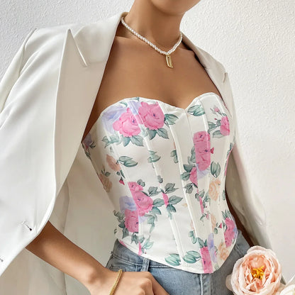 Women Floral Top Sexy Spicy Girl Tank Top Low cut Open Back Flower Wrapped Chest Diamond Fish Bone Strap Waist Vest Tank Top Y2K