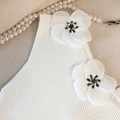 White 3D Flower Asymmetrical Strap Crop Tank Women's Clothing Sleeveless Stretchy Ribbed Knit Casual Summer Sweet Cami Top