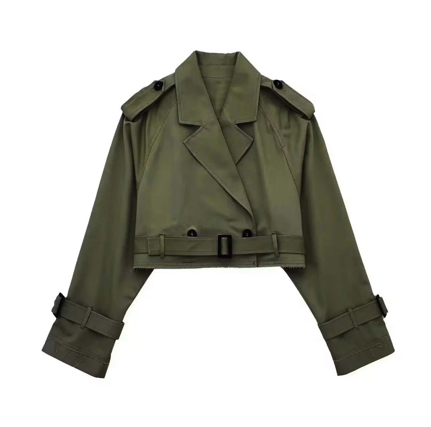 HH 2025 Women Belt Cropped Trench Spring Jacket Vintage Streetwear Double Breasted Long Sleeve Top Female Coat Outfits
