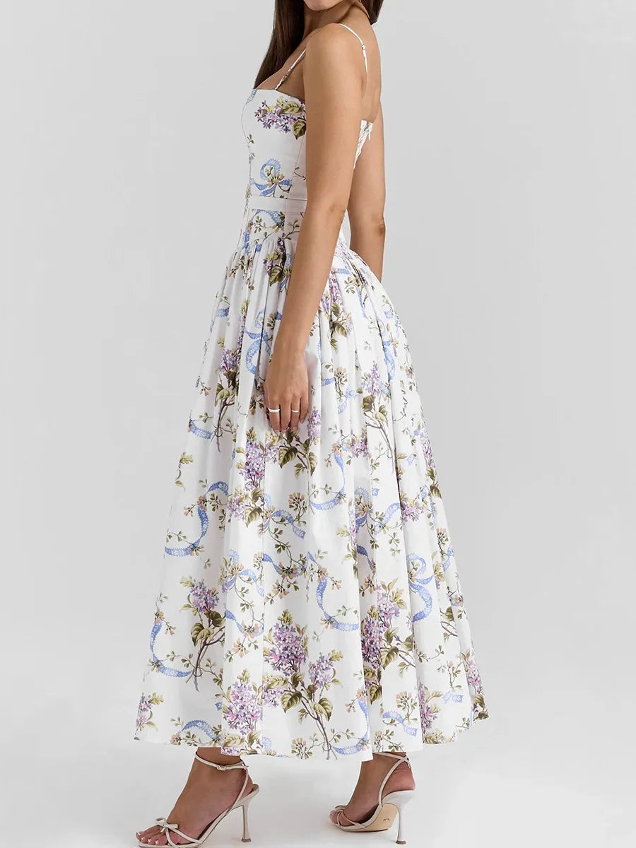 Oligai Floral Print Midi Sundress Elegant Spaghetti Strap Flowy Dress Aussie Summer Women Boho Chic Beach Dress