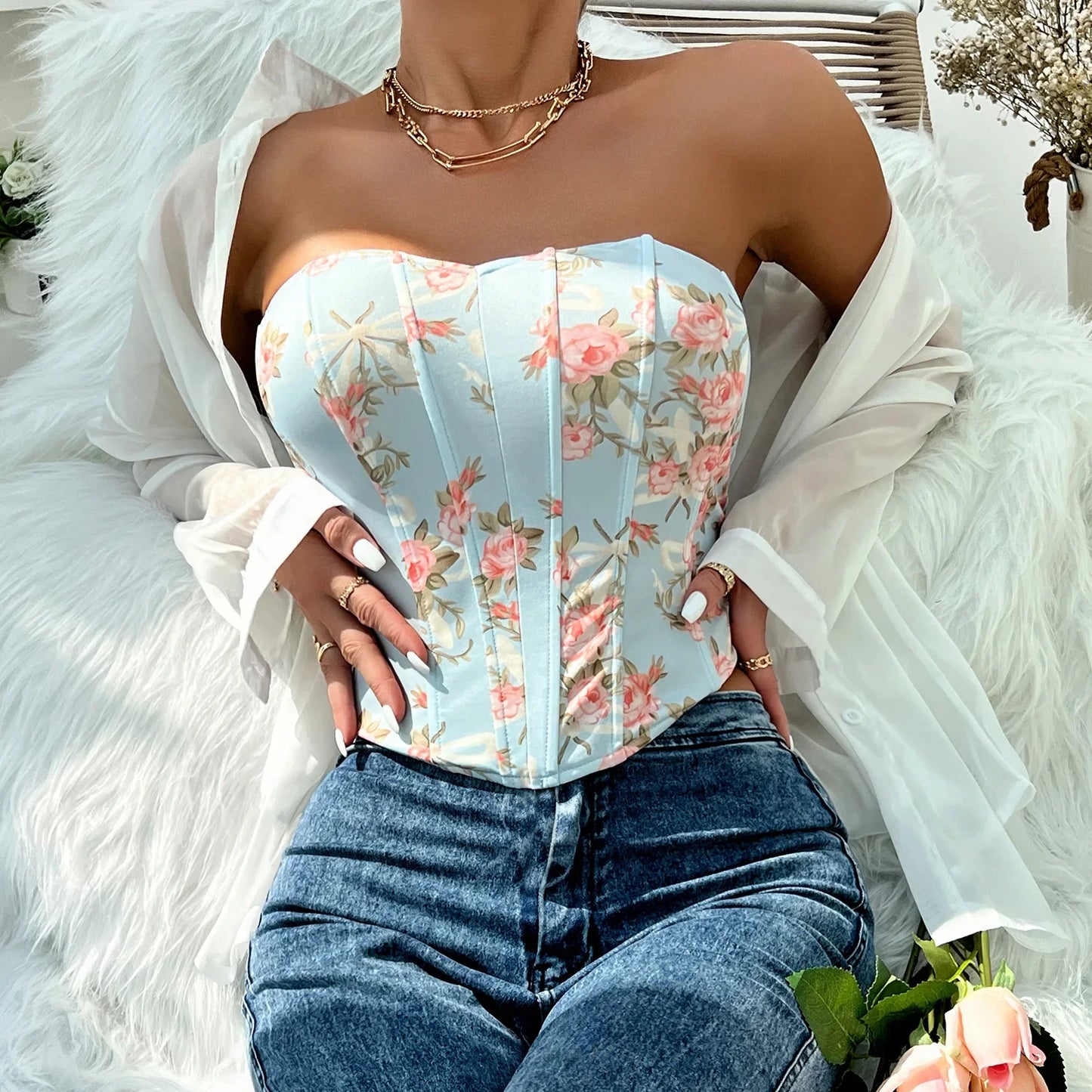 Women Floral Top Sexy Spicy Girl Tank Top Low cut Open Back Flower Wrapped Chest Diamond Fish Bone Strap Waist Vest Tank Top Y2K