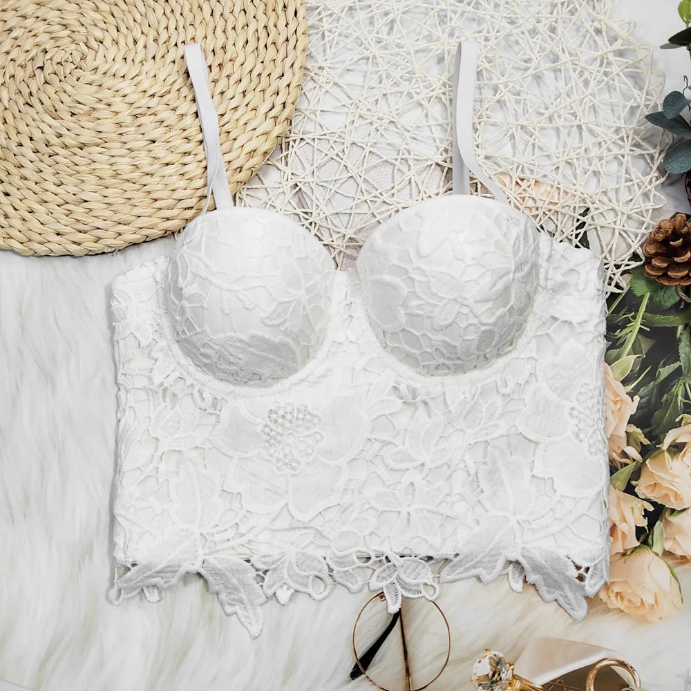 Women Crocheted 3D Lace Corset Stylish Floral Embroidery Bustier Push Up Bra Lady Tank Top Elegant Cropped Top Club Party Bralet