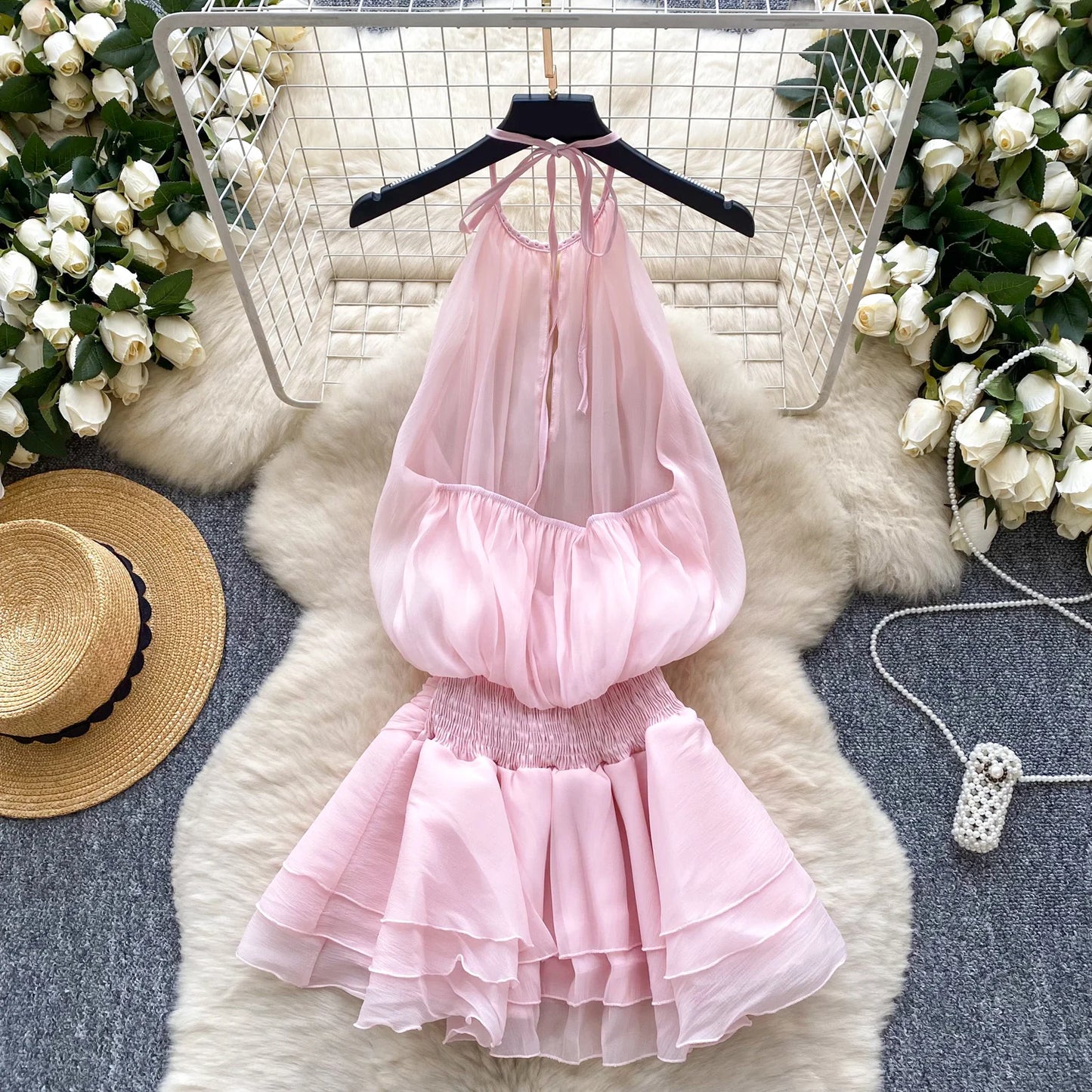 SINGREINY Strap Chiffon Mini Dress Female Pearl Halter Sleeveless Backless Sexy Design Fairycore Vacation Summer Ruffles Dress