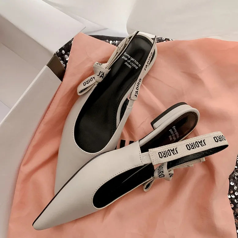New Summer Low Block Heel Suede Pointed Toe Low-Cut Flats with Letter Back Strap Closed-Toe Sandals