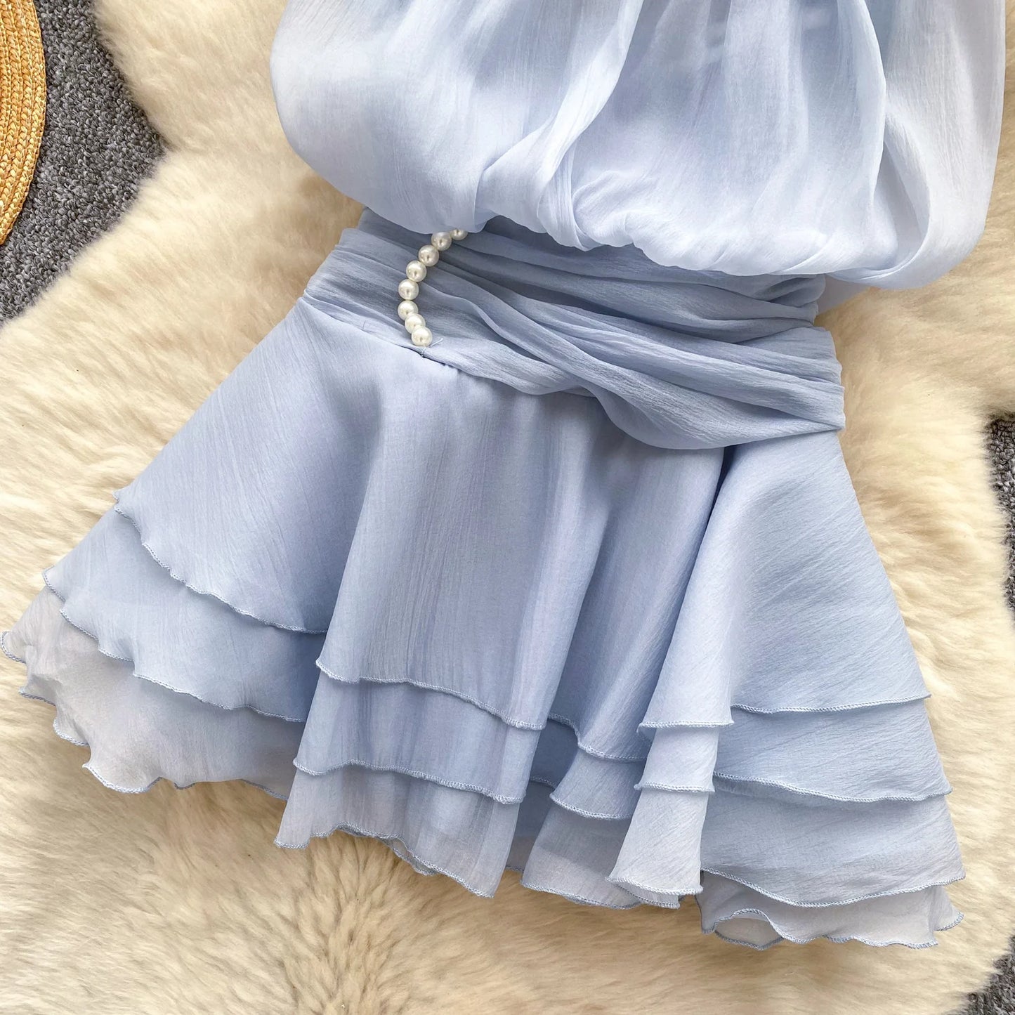 SINGREINY Strap Chiffon Mini Dress Female Pearl Halter Sleeveless Backless Sexy Design Fairycore Vacation Summer Ruffles Dress