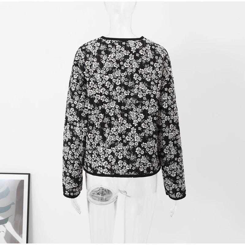 HH Floral Print Jacket For Women Autumn Quilted Reversible Cotton Coat Cardigan Long Sleeve Jackets Elegant Woman Streetwear