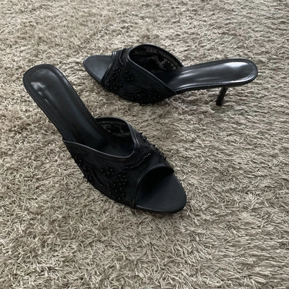 2026 String Bead Mesh Embroider Slingback High Heels Women Sexy Peep Toe Heeled Sandals Summer Elegant Luxury Designer Shoes