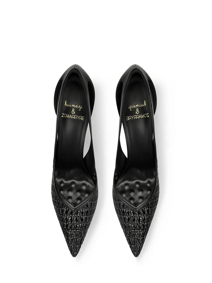 Summer New Women's Black Leather Woven Fashionable and Sexy Pointed Thin Heel High-heeled Shoes