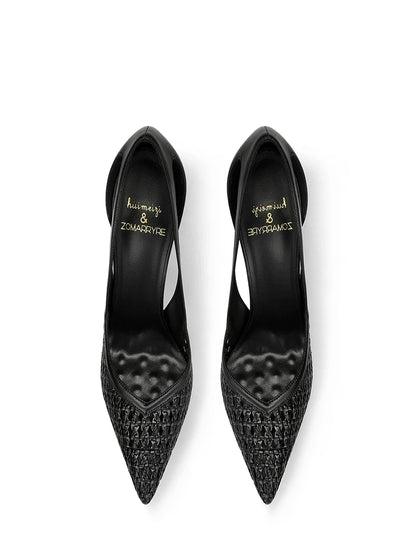 Summer New Women's Black Leather Woven Fashionable and Sexy Pointed Thin Heel High-heeled Shoes