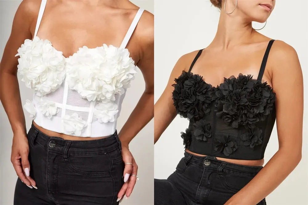 Sexy Beachwear Corset 3D Floral Applique Cute Women Deading Design Bustier Ladies Event Party Crop Top Short French Sweet Cami