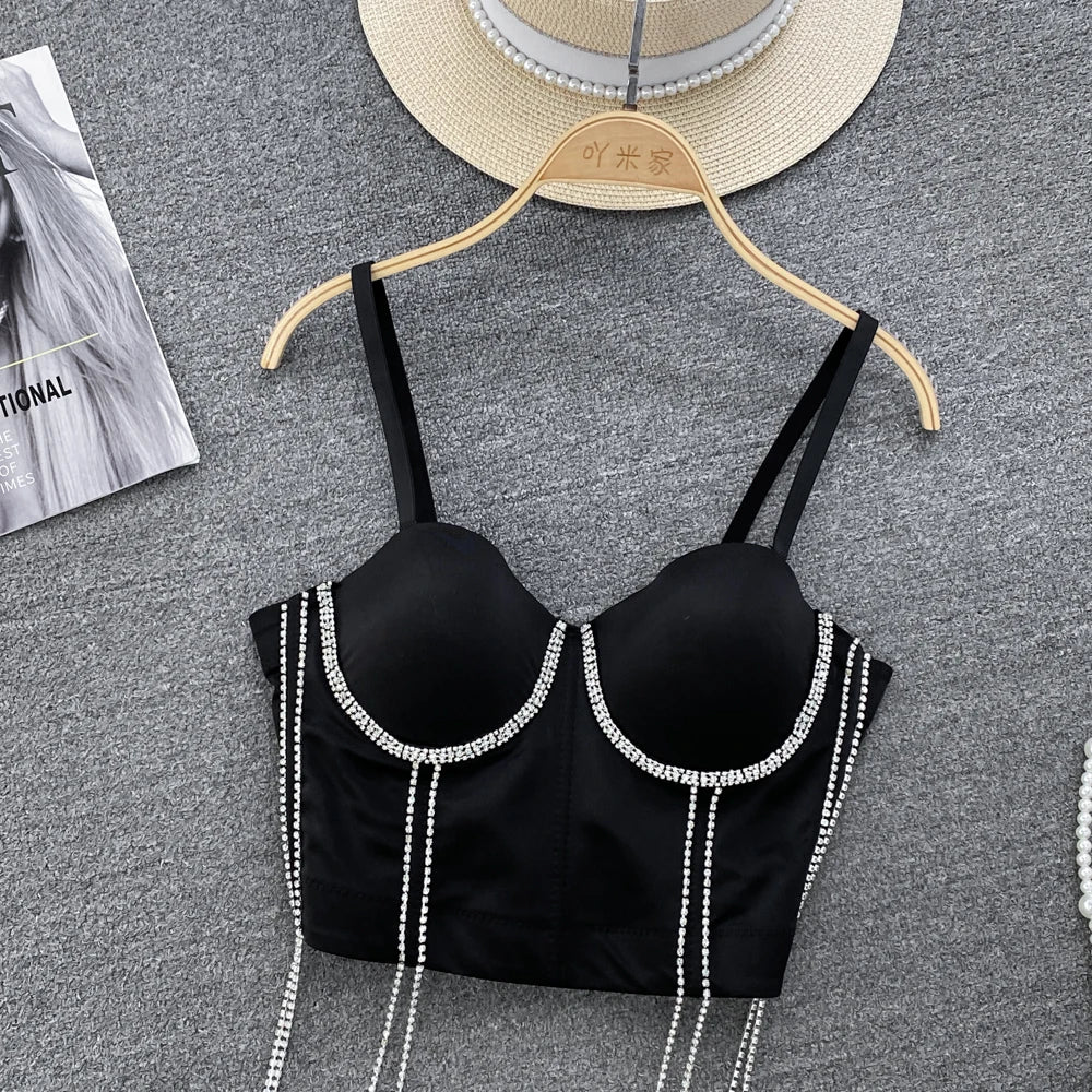 Women Chic Tassels  Pads Rhinestone Basic  Corset Straps Camis Slim  Hot Sexy Fashion Bare NavelBackless Tops Women Crop Top