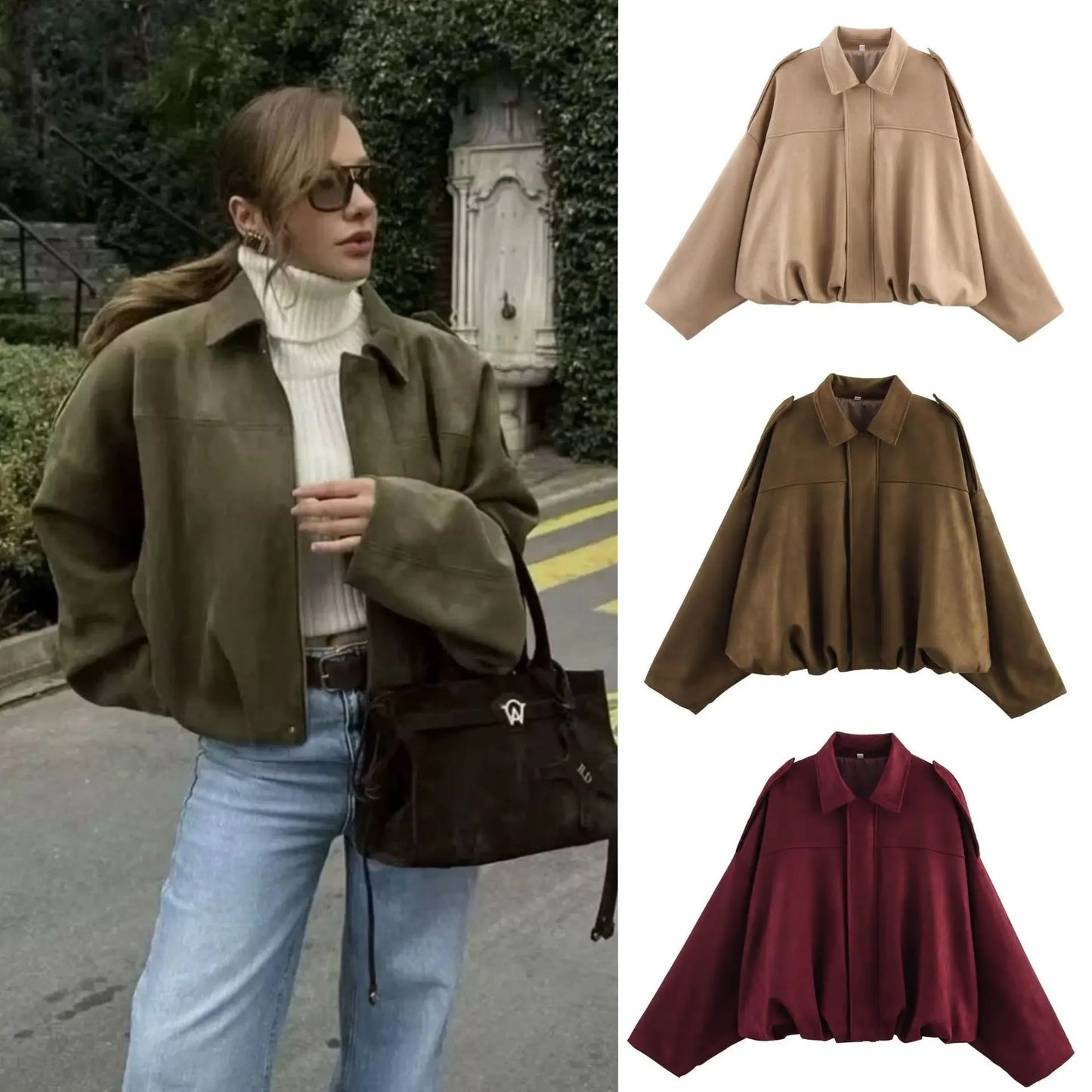 Women's Fashion Pilot Jacket with Bat Sleeves and Zipper, Casual Top