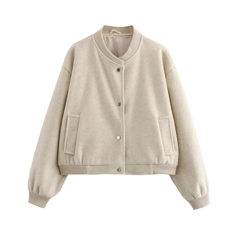 MUJER 2025 Women Jacket Cropped Bomber Jackets For Women Beige Black Tweed Jacket Woman Fashion Long Sleeve New In Short Coats