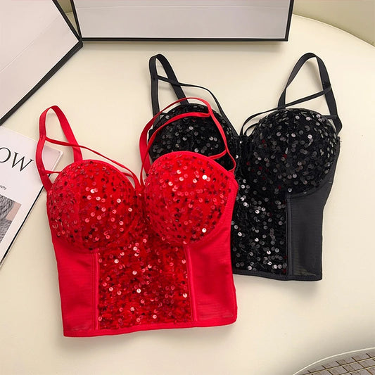 Sexy Sequins Tank Top Corset for Women Mesh Patchwork Backless Spaghetti Strap Camis Shiny Crop Tops Women's Clothing Dropship