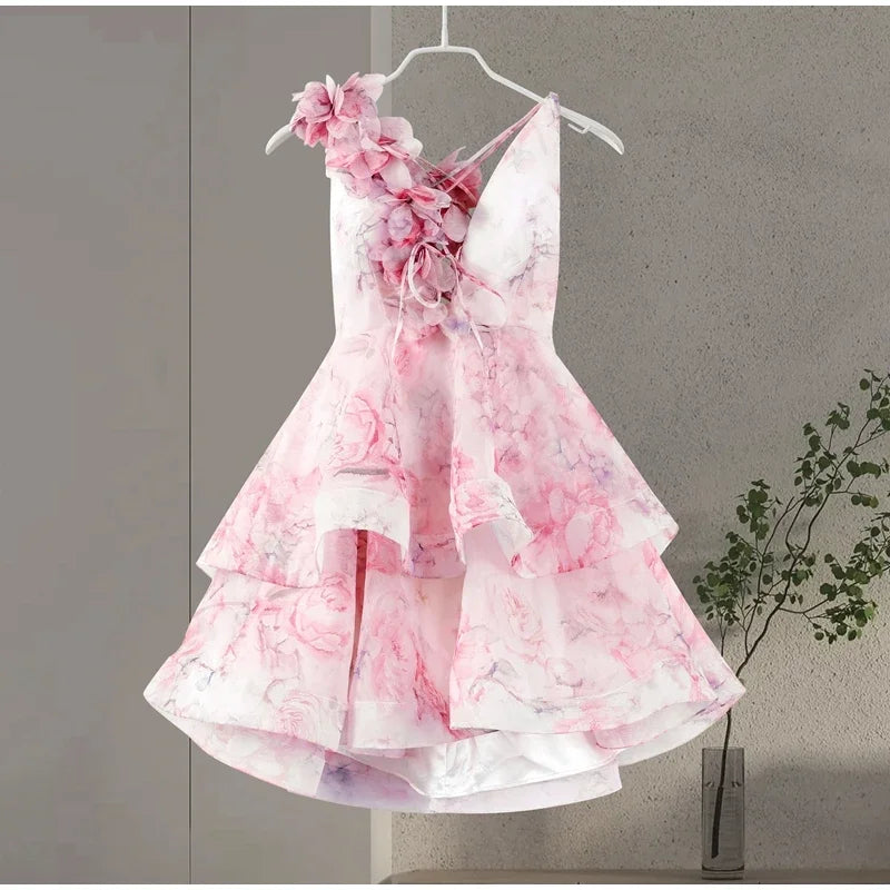 Floral Print Fuffy Short Dress Lace Up Slim Fit Strap Gown 3D Flower Bud Skirt Hemline Halter Backless Beach Suspender Dresses