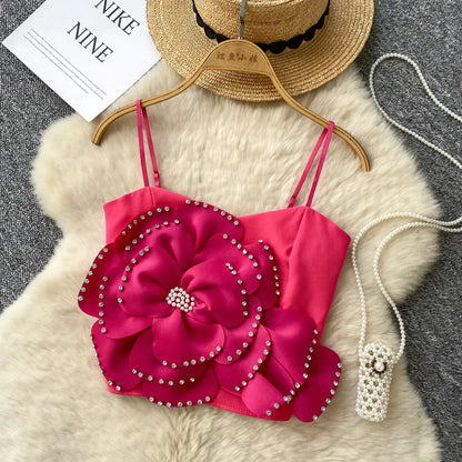 New French Sweet Strap Camisole Strapless 3D Floral Beading Diamonds Design Tops Elastic Ruched Slim Streetwear Tank Top