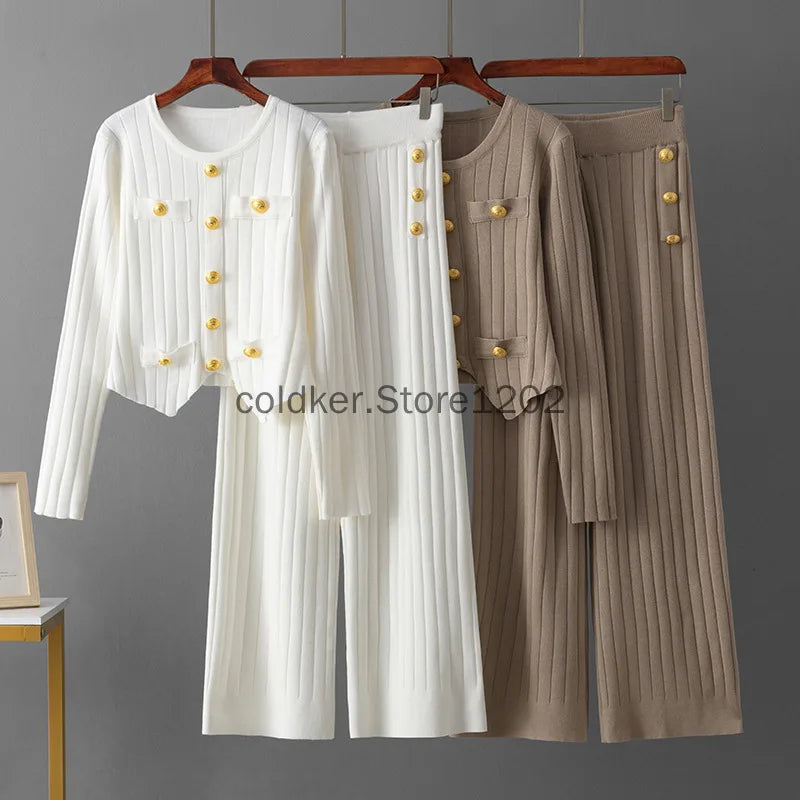 Spring Pink Women's 2 Piece Outfits Long Sleeve Knit Buttons Sweater Top Wide Leg Pants Lounge Sets Tracksuits Casual 2pcs Sets