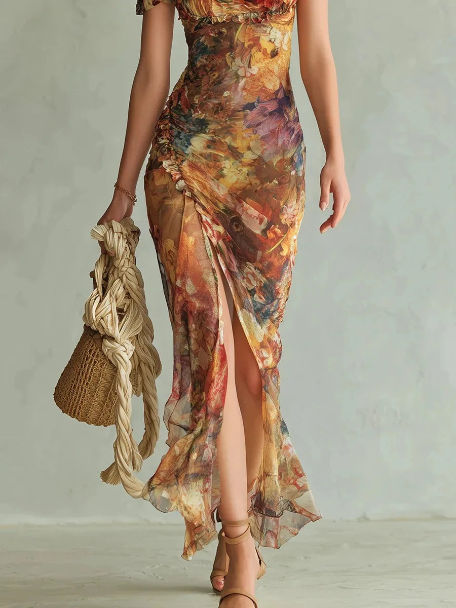 2026 Spring New Women V Neck Print Waist Cinched Ruffle Trim Loose Temperament Versatile Long Dress Fashion Vacation Style Dress