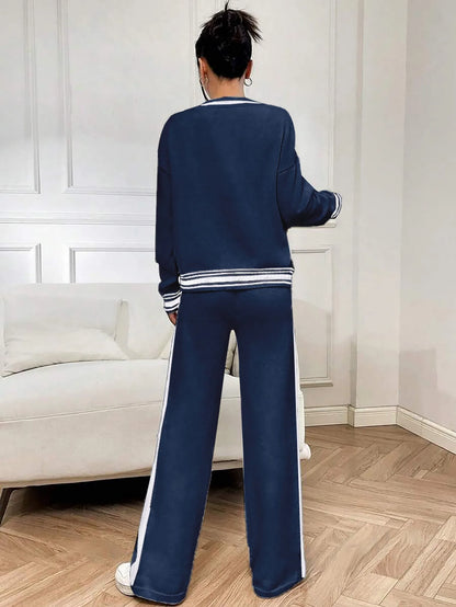 Women's Two-Piece Knit Set Contrast Trim Cardigan & Wide-Leg Pants Casual Loungewear (White/Navy Blue)