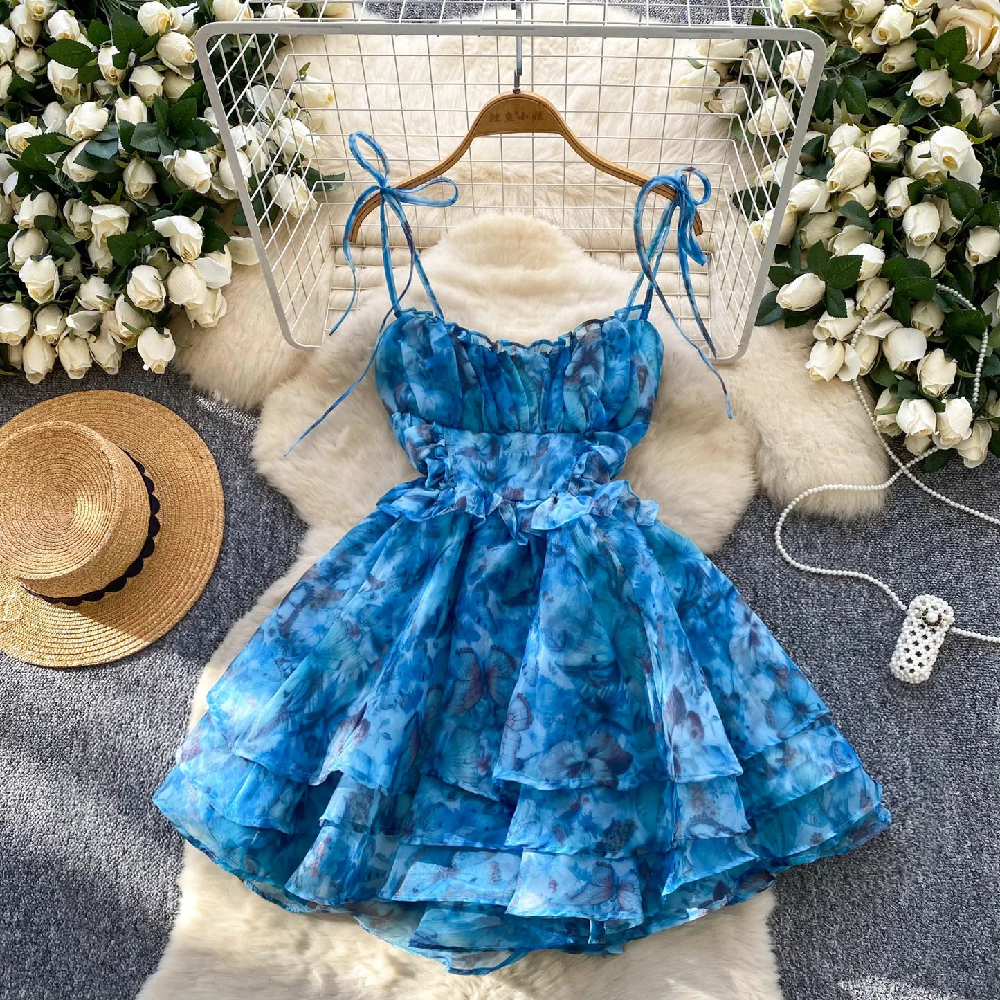 SINGREINY Holiday Print Flowy Birthday Dress Women Strap Butterfly Vacation Cake Sundress Organza Luxury Party Short Dress