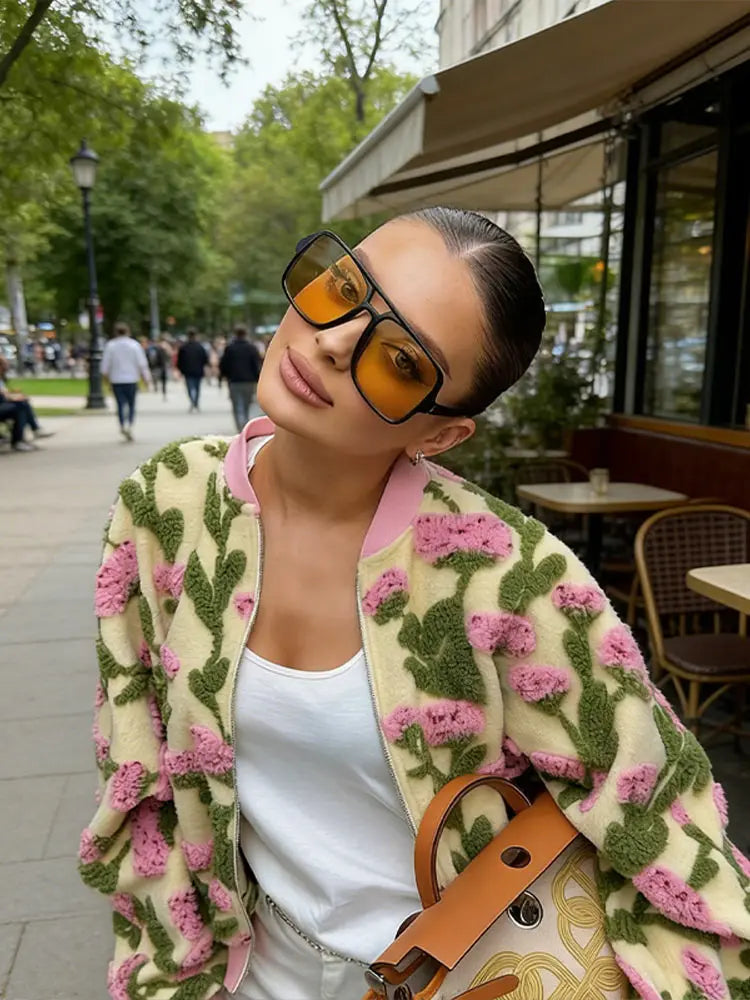 Sweet Dreamy Flower Plush Bomber Jacket For Women Casual Oversized Long Sleeves Zip Up Fleece Coat 2026 High Street Daily Wear