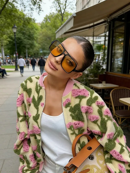 Sweet Dreamy Flower Plush Bomber Jacket For Women Casual Oversized Long Sleeves Zip Up Fleece Coat 2026 High Street Daily Wear