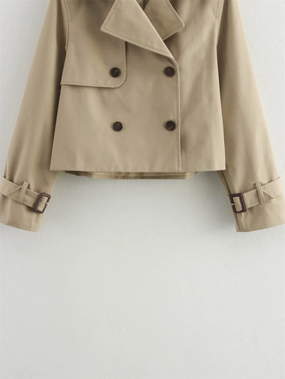 Ladies Vintage Cropped Trench Spring Autumn Jacket Women Streetwear Double Breasted Long Sleeve Top Female Chic Coat Outfits