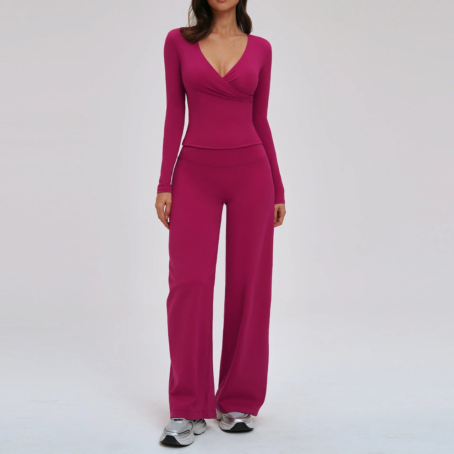 2PCS Gym Tracksuits Yoga Set Female Fitness Suit Deep V Yoga Bra Athletic Wear Women High Waist Workout Flared pants Sports Suit