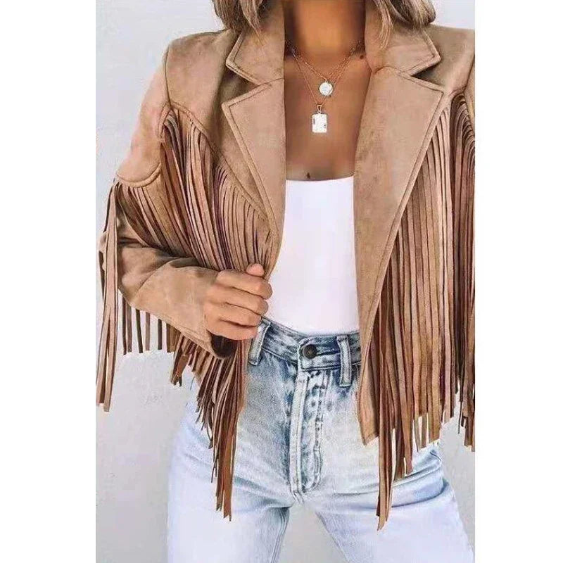 Women's Casual Fringe Cropped Jacket Western Boho Vintage Long Sleeve Zip Up Trendy Autumn Outerwear