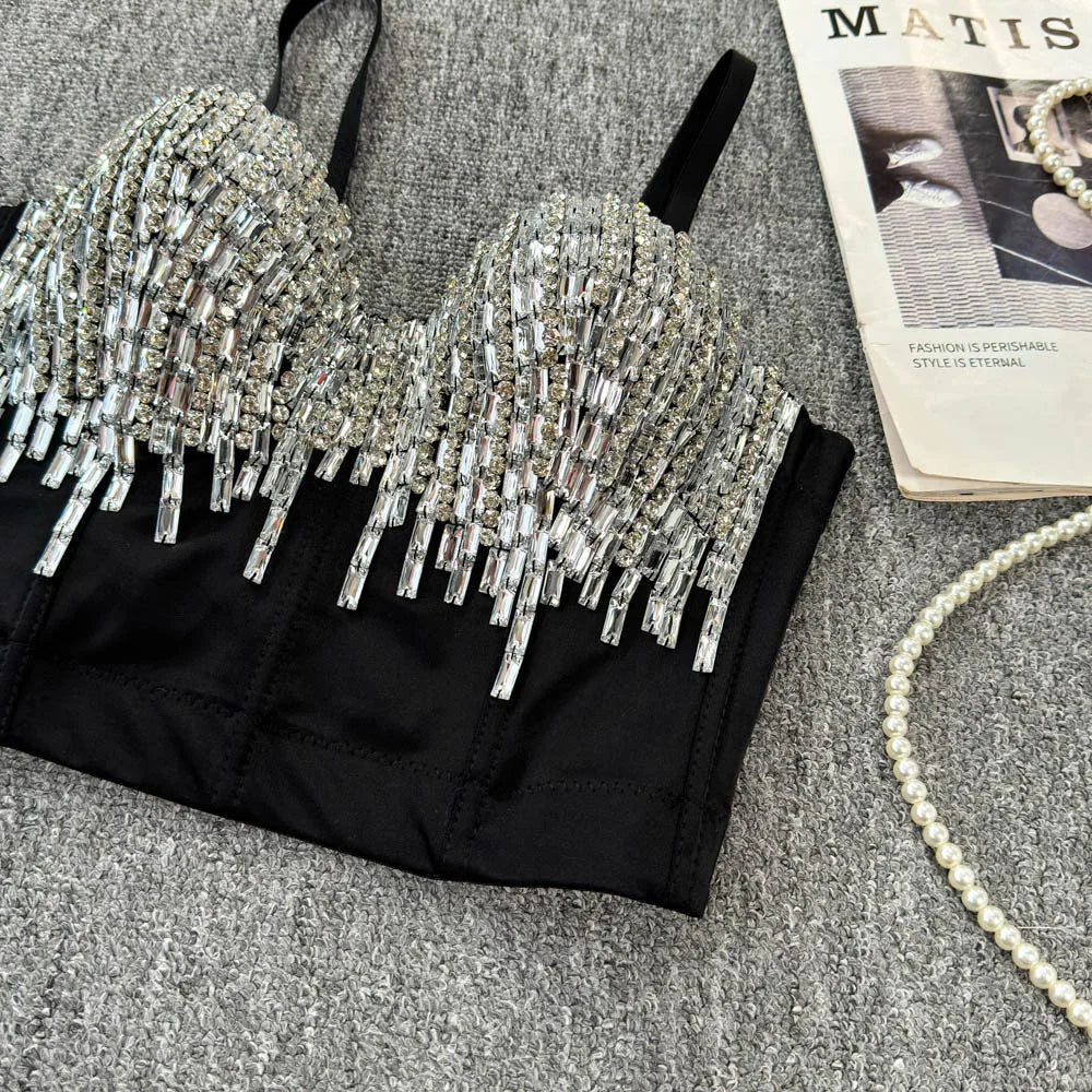 Sexy Club Dancing Csole Diamond Embellied ort Vest Inner Wear Outerwear Trendy Fibone Bra Top Women's Vest