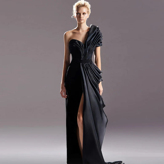 Elegant Black One Shoulder Customized Evening Dress Formal High Split Zipper Back Homecoming Dresses Special Occasion Gowns