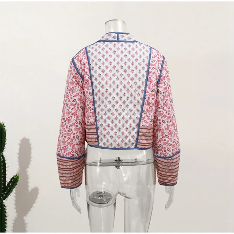 HH Floral Print Jacket For Women Autumn Quilted Reversible Cotton Coat Cardigan Long Sleeve Jackets Elegant Woman Streetwear