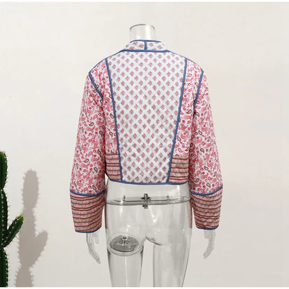HH Floral Print Jacket For Women Autumn Quilted Reversible Cotton Coat Cardigan Long Sleeve Jackets Elegant Woman Streetwear