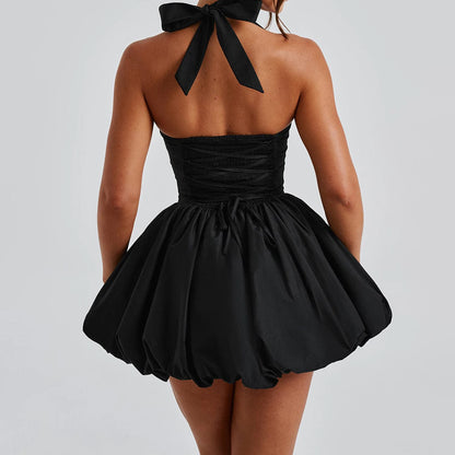 Women Summer Fashion Sexy Mini Tank Dress Sleeveless Halter Neck Solid Tie Up A-line High Waist Party Clubwear Bubble Dress