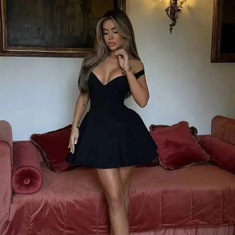 Avrilyaan Deep V Off Shoulder Backless Sexy A-line Dress Women Elegant Party Dress Slash Neck Bodycon Mini Summer Dress Vestidos