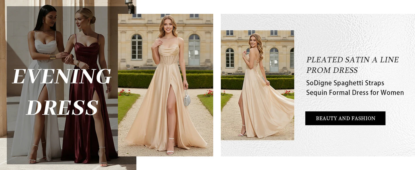 Pleated Satin A Line Prom Dresses for Women Spaghetti Straps Sequin Corset Formal Dress with Slit Formal Dress Women Elegant